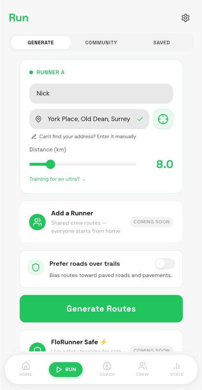 Routflo Run tab with route generator